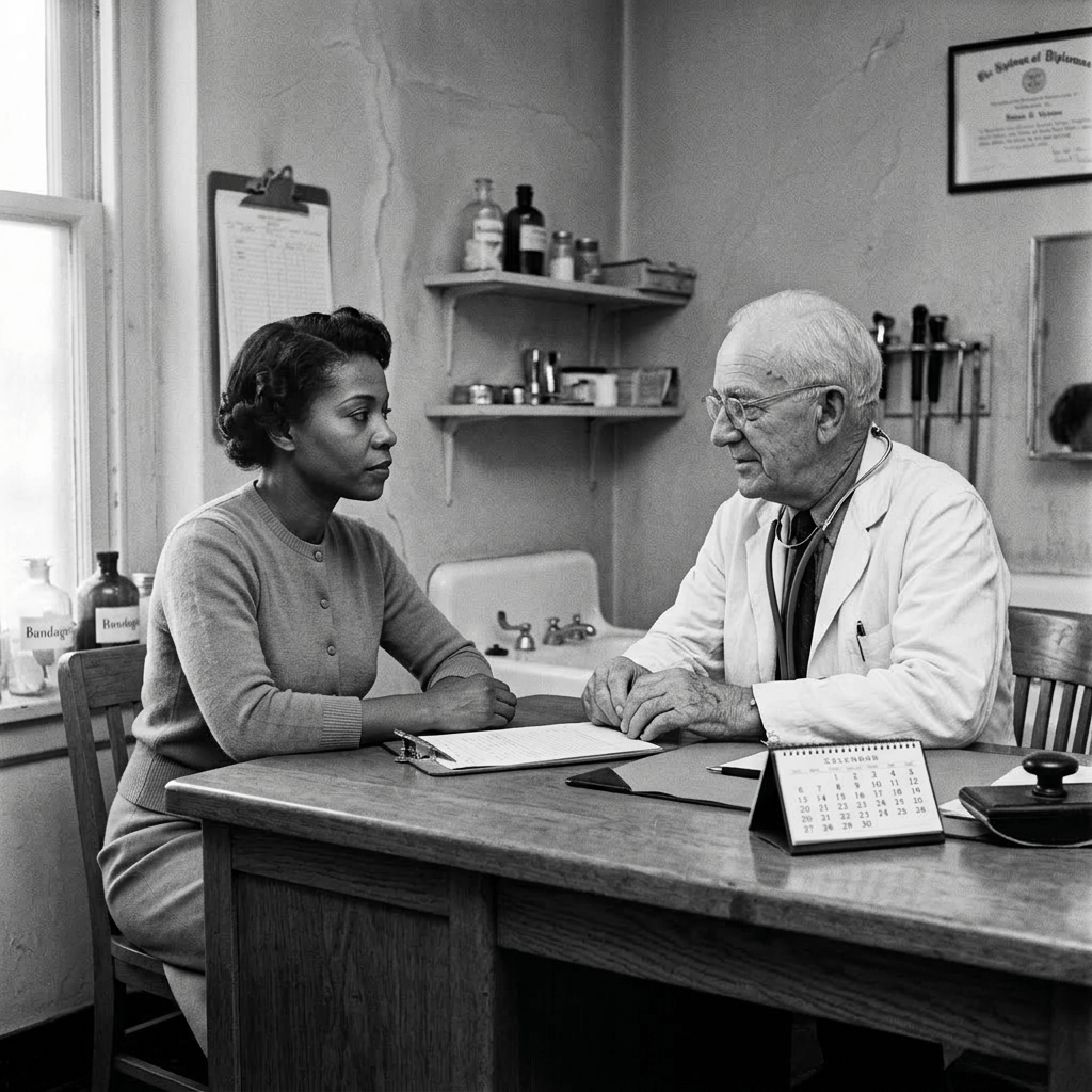 Doctor using stethoscope to examine female patient sitting on exam table