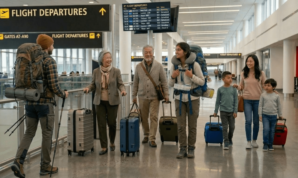 Traveler with large backpack checking flight information kiosk in airport terminal